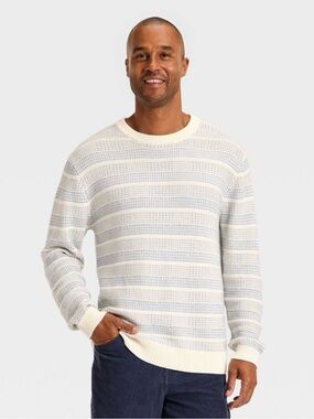 Men's Crewneck Striped Knit Sweater in Cream and Light Blue size XL